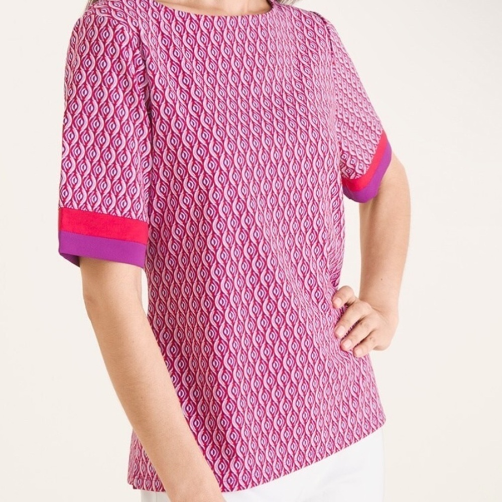 💕CHICOS Geo Color Block Trim Knit Top in Maraschino Cherry Women's Size 1